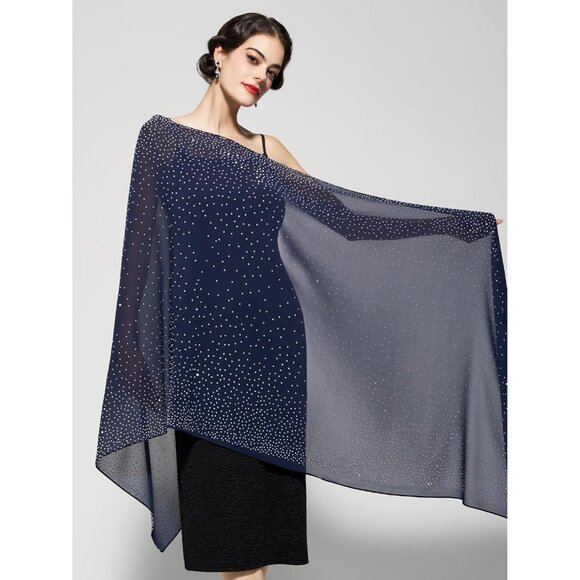 Women Blue Sequin Chiffon Shawls and Wraps Formal Rhinestone for Evening Dress - Picture 3 of 6